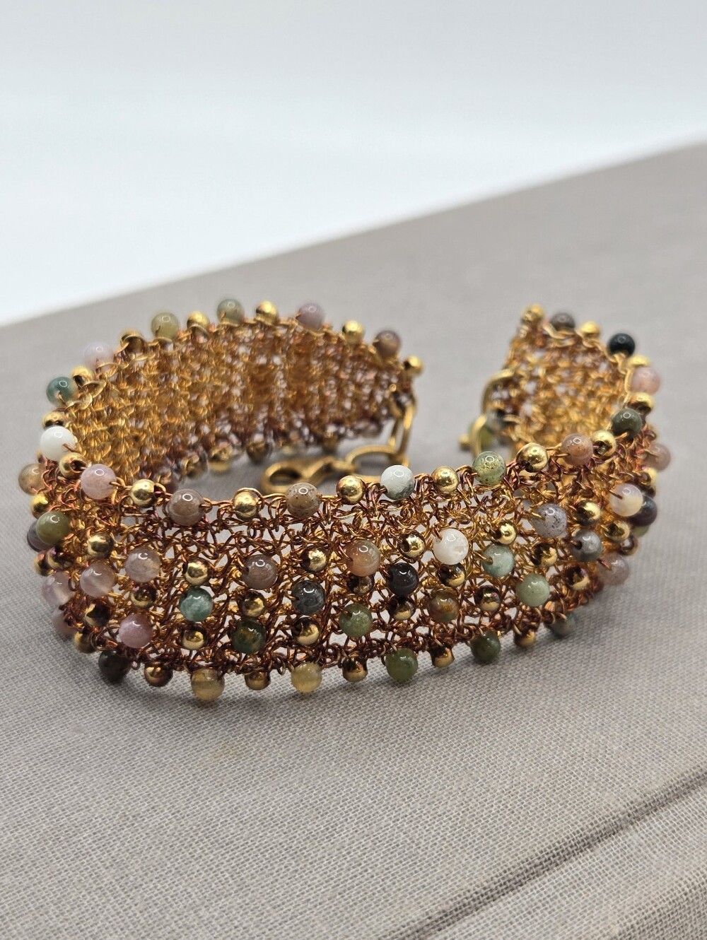 Knit Crochet Gold Copper Wire bracelet Gemstone Beads 8" Handmade ChainMail